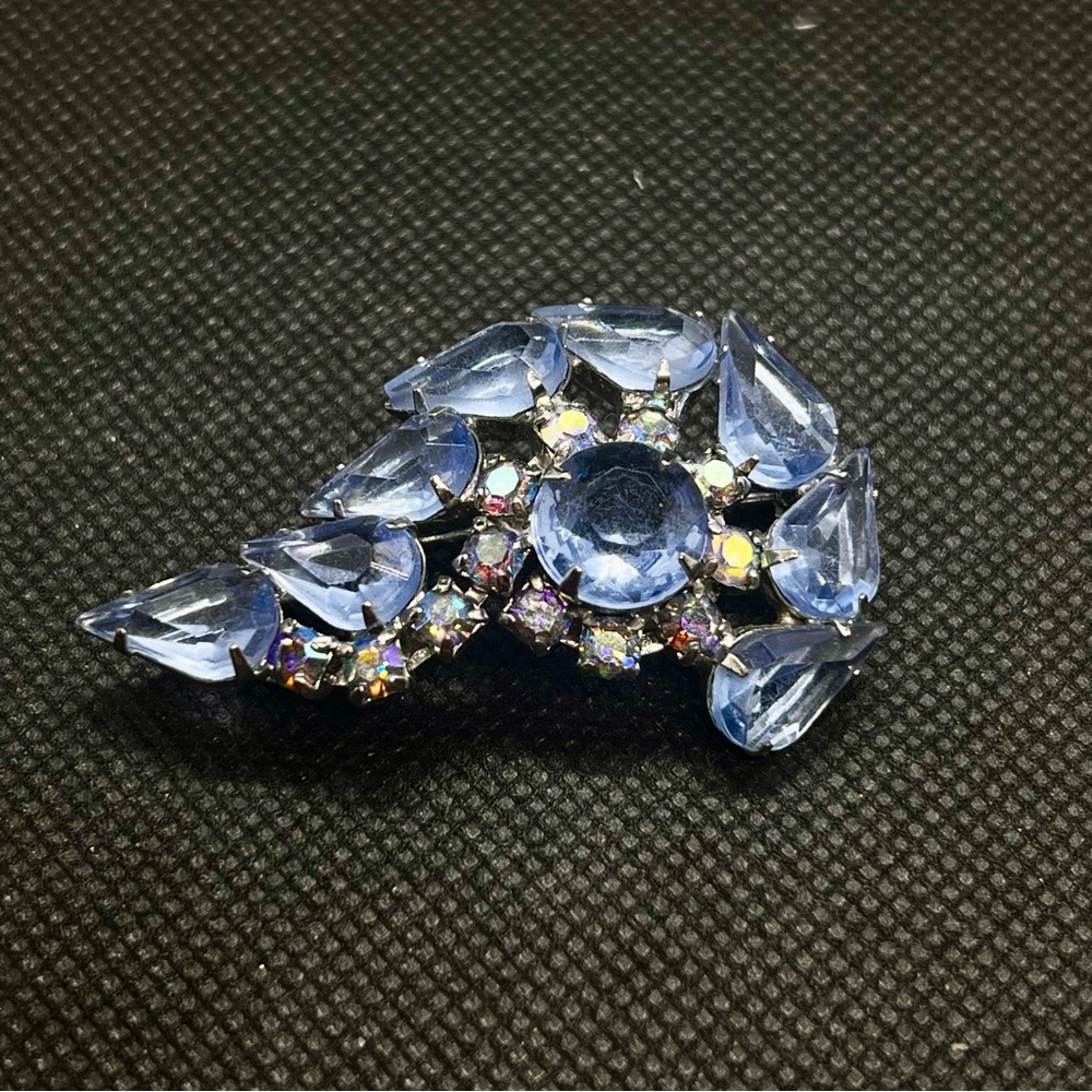 Vintage Light Blue Rhinestone & AB Rhinestones Glass Paisley‎ Brooch Pin 2”